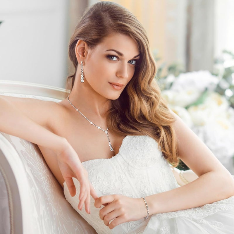 Jstyle Silver Plated Jewelry Set for Women Rhinestone Crystal Necklace Drop Earrings Link Bangle Bracelet Bridal Wedding Jewelry Sets for Brides Bridemaid Prom Costume Accessories - Image 3